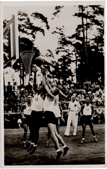 1936 Official Olympic Photo Postcard Issued by Reichssportverlag, Italy vs Poland Basketball Match