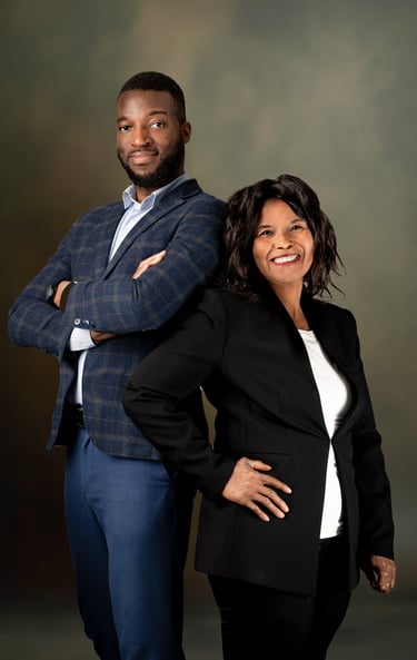 a man and woman standing next to each other  representing a family business