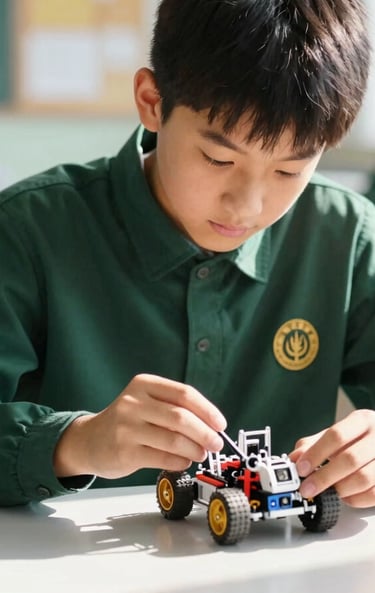 Eye-level shot of a student in a dark green school uniform focused on assembling a small robotic vehicle in a bright, sunlit STEM lab, warm daylight, shallow depth of field.