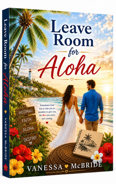Leave Room for Aloha book cover featuring a couple holding hands on a tropical beach at sunset.