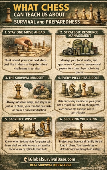 chess strategy survival infographic showing decision making and planning skills for crisis situations
