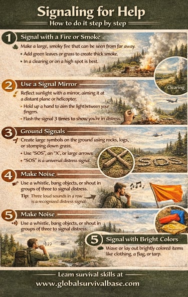 emergency signal help survival infographic showing ways to signal for rescue and communication