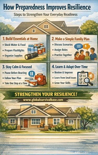 preparedness improves resilience survival infographic showing practical emergency readiness steps
