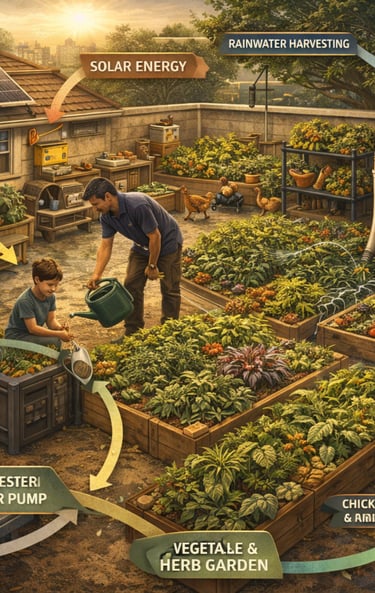 self sustaining home system infographic showing sustainable living methods including energy water and food independence