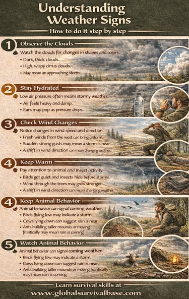 weather signs survival guide infographic showing how to read nature and predict weather changes