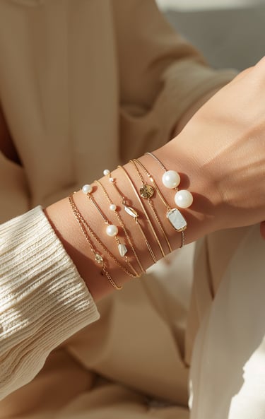 Elegant woman wearing a stack of gold layered bracelets with white pearls and mother of pearl charms.