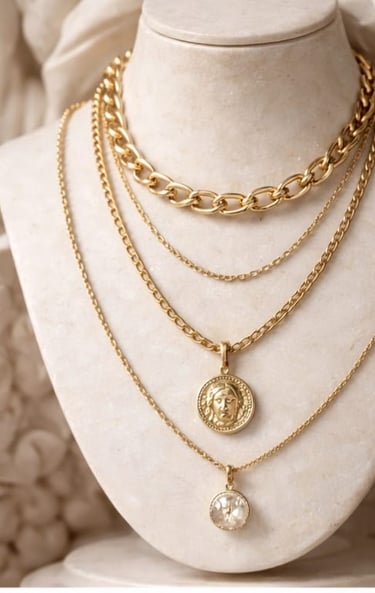 “Collares de oro en capas con una cadena gruesa y un colgante de moneda sobre un busto joyero blanco