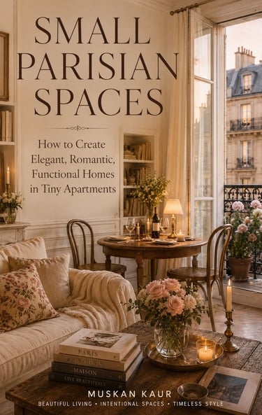 Elegant Parisian apartment interior with romantic decor, flowers, and a view of a city balcony.