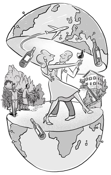 A couple dancing inside a globe surrounded by wine bottles, vineyards, and international travel symbols.