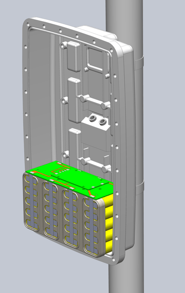 Internal view of Plasdev pole mount enclosure showing in built battery pack
