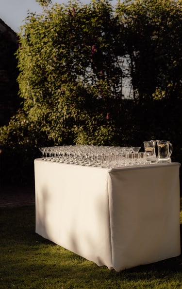 table in the garden full of glasses and jugs of water with lemon
