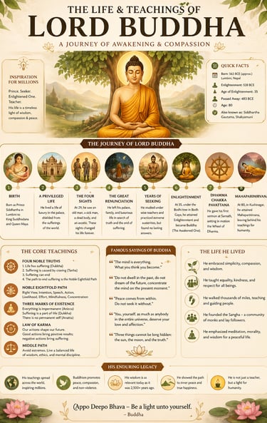 Educational infographic depicting The Life and Teachings of Lord Buddha with a journey timeline and core Buddhist principles.