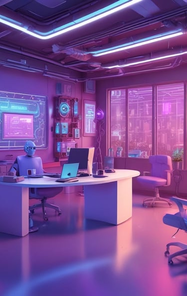 A conference room with a long wooden table surrounded by chairs covered in protective plastic. Multiple computer monitors are placed on tables against the walls, each displaying nature-themed images. The walls are lined with wood paneling, and a sign indicating a center for artificial intelligence is displayed at the front. There are decorative flower arrangements on the table, and the overall setup suggests a professional environment.