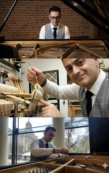 Professional piano technician performing piano tuning and mechanical repairs on a grand piano. 1 1