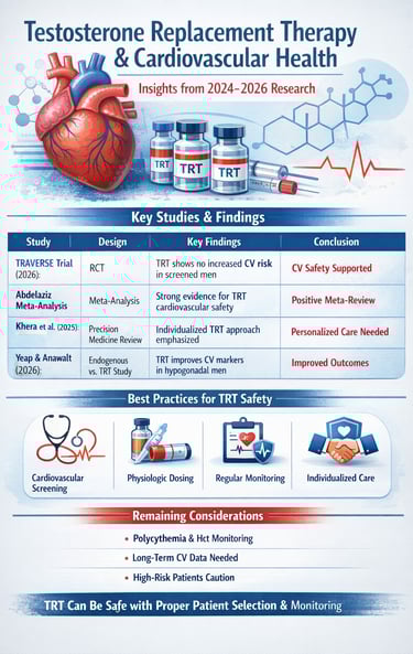 Review 2026 evidence on testosterone replacement therapy and cardiovascular outcomes, including MACE