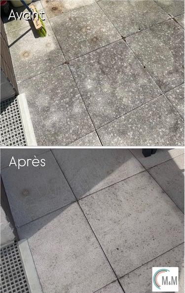 Avant après nettoyage dalles de terrasse haute pression par m&m services pro Rouen