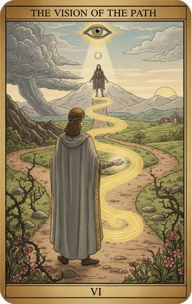 Carta de Tarot 'A Visão do Caminho' com uma figura caminhando por uma estrada iluminada em direção a