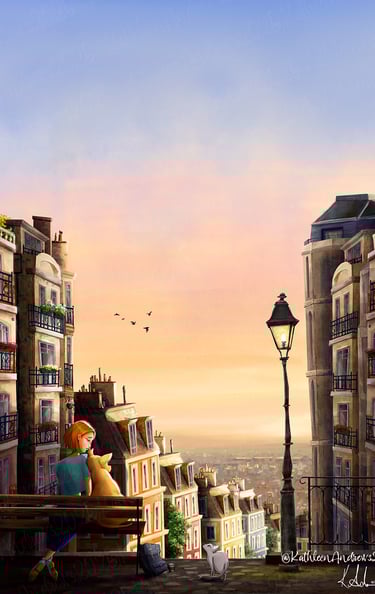 Illustration girl and dog pitbull watching sunrise parisian street paris artwork art whimsical