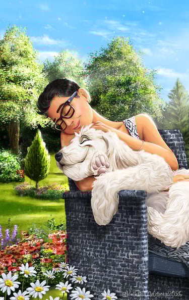Whimsical illustration woman hugging fluffy white dog vibrant flower garden artwork art children's book illustrator