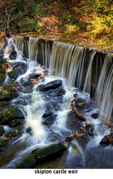 a weir in the stream at skipton castle woods in autumn