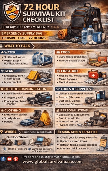 72 hour survival kit checklist infographic showing essential emergency supplies for 3 days