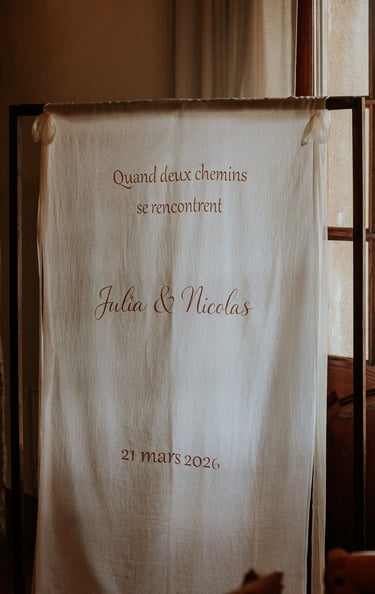 panneau d'accueil mariés en tissu sur coton