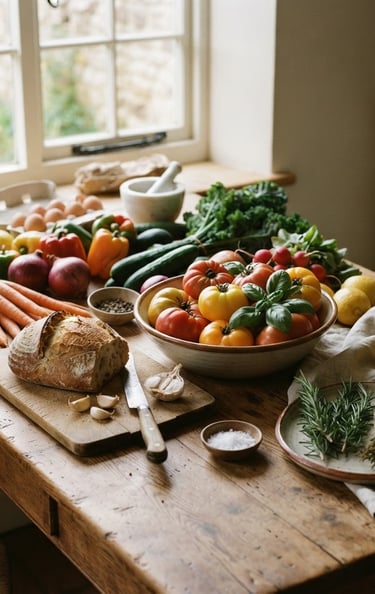 Generous landscape view of fresh organic ingredients on a rustic wooden table, soft natural window light casting gentle shadows, olive oil bottle and rosemary sprigs to the side, warm editorial photography, 35mm