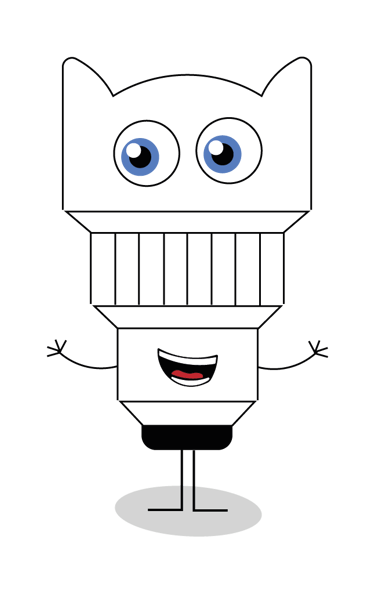 mascotte en forme d'objectif photo contente