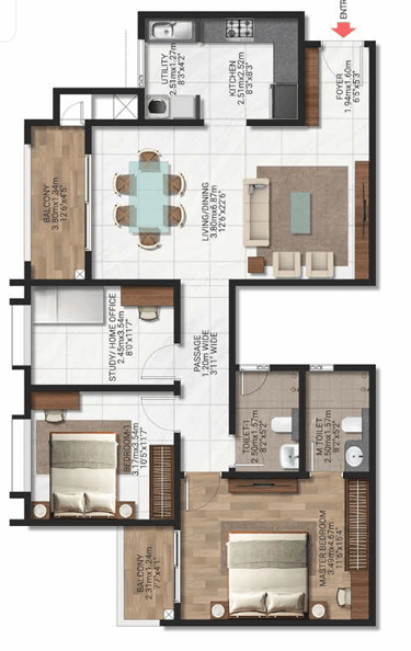 Brigade Lakecrest 2 BHK with Study Floor Plan
