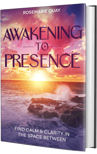 3d image Awakening to Presence ebook cover, dramatic sunrise over ocean, calm, clarity the space between.