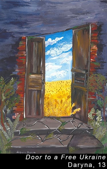 painting with a door towards a blue sky and yellow field