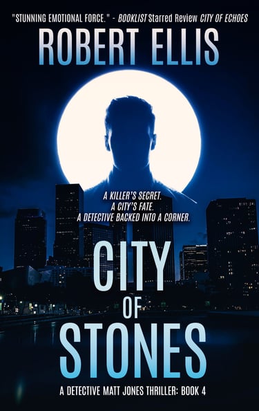 Cover of 'City of Stones' by Robert Ellis, featuring a dark, moody cityscape with Matt Jones silhouette.
