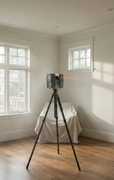 Technician using 3D laser scanner inside a Vancouver home before renovation