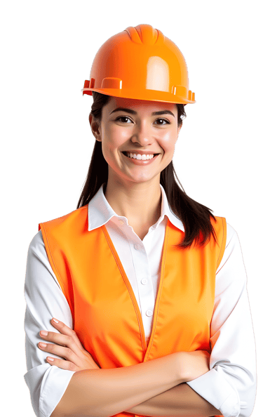 Smiling female construction worker wearing an orange hard hat and safety vest with arms crossed.