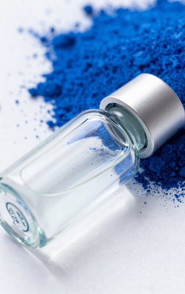Close-up of crystalline peptide powder in a lab dish with scientific equipment blurred in the background