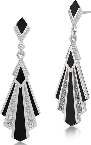 Art Deco Drop Earrings in Sterling Silver Black Onyx & Marcasite Earrings. Gemondo