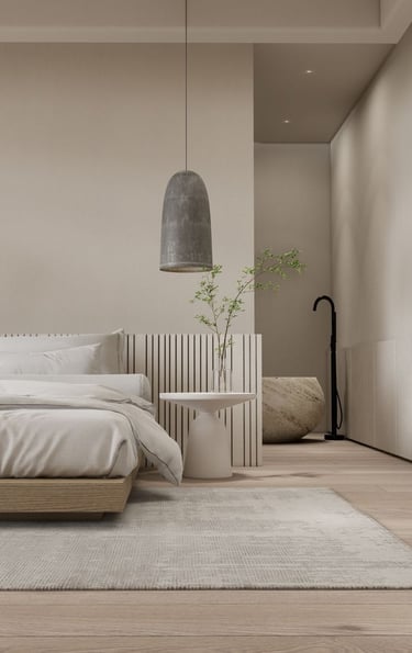 Residential luxury bedroom with a bed and a lamp