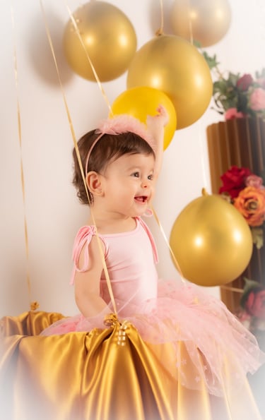 a baby girl in a pink dress and a crown crown