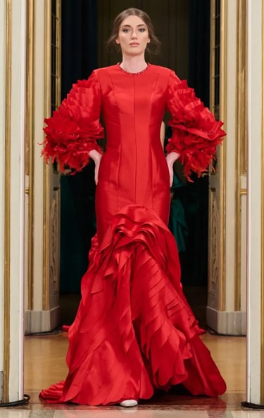 Red couture gown with voluminous ruffled sleeves – Chanços Spring Summer 2026