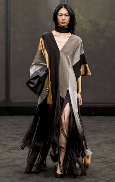 Ferragamo flowing patchwork dress with long fringe – Spring Summer 2026.