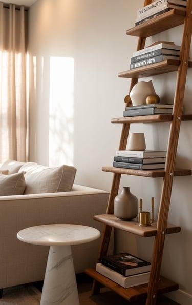 a ladder ladder - like ladder - like shelf with bookshelves and a table