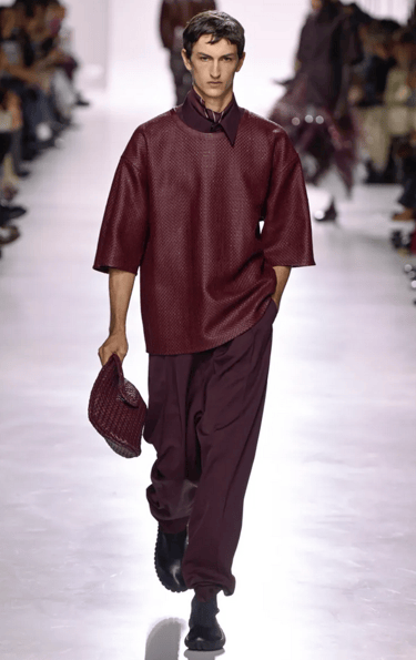 Bottega Veneta Spring/Summer 2026  Burgundy textured shirt and pants runway look.
