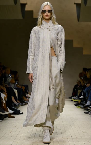 Armani Spring Summer 2026 – Long ivory patterned coat ensemble.