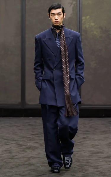Ferragamo double-breasted navy suit with polka-dot scarf – Spring Summer 2026.