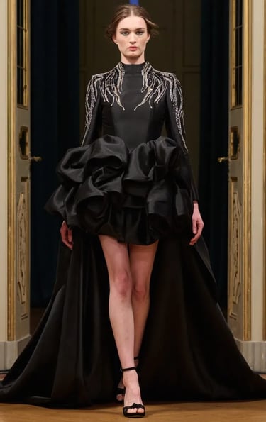 Chancos Spring Summer 2026 – Dramatic black gown with beaded details.
