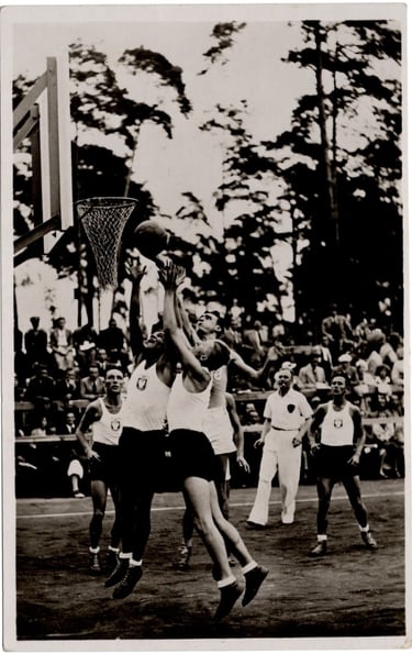 1936 Official Olympic Photo Postcard Issued by Reichssportverlag, Italy vs Poland Basketball Match