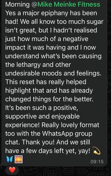 WhatsApp message testimonial for Mike Meinke Fitness regarding a sugar detox and health reset.