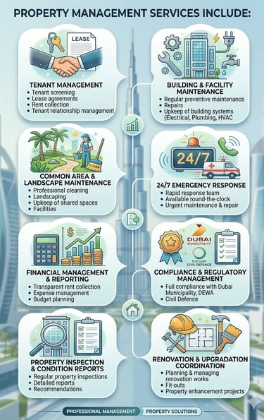 Infographic outlining property management services like tenant management, maintenance, and financial reporting.