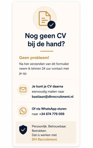 Informative recruitment banner for DH Recruitment explaining how to submit a CV via email or WhatsApp.