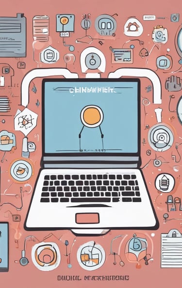 Flat lay illustration of a laptop surrounded by digital tech icons and user interface elements on a pink background.